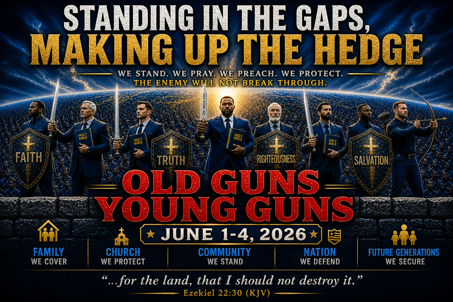 Eight men in suits carring either shields with the word(s) faith or truth or righteouseness or salvation or holding a Bible in one hand and a sword in the other